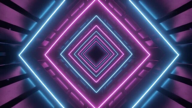 Abstract neon tunnel with geometric shapes in pink and blue