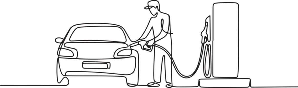 Single one line drawing Gas Station Worker refueling car. Gas station concept. one line Icon drawing