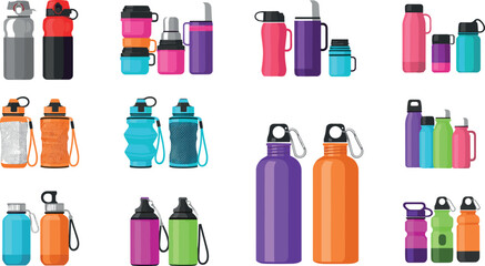 Reusable water bottles vector set with colorful sport drink containers gym hydration flasks and eco friendly accessories collection © EdGe Creative