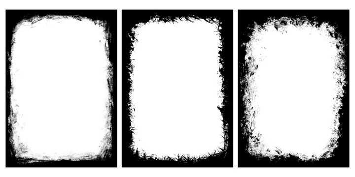 Three grunge textured frames with rough edges, isolated on transparent background