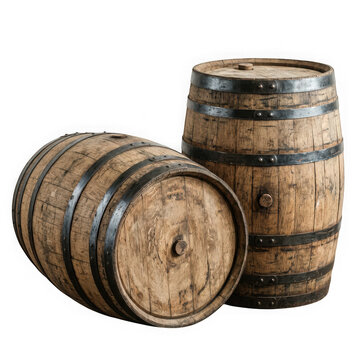Two aged wooden barrels with metal hoops against a dark studio background for beverage aging