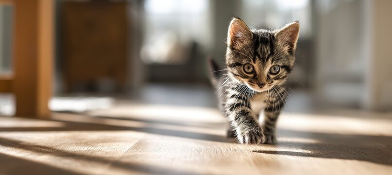 Playful Kitten Running Across Floor With Motion Blur and Right Side Copy Space