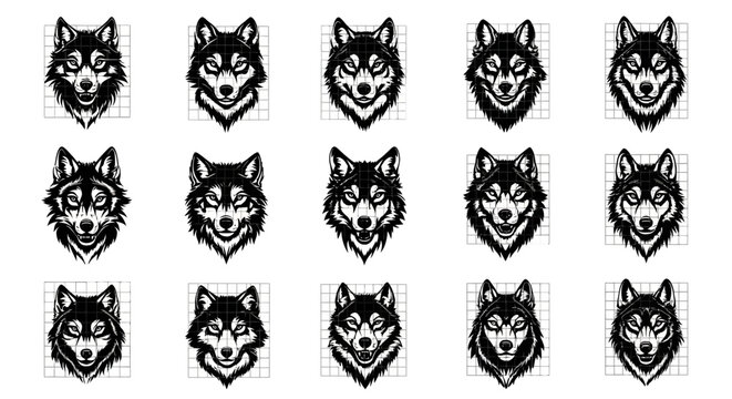 Collection of stylized wolf head emblems and icons showcasing fierce expressions and detailed fur textures presented in a graphic illustrative monochrome style against a clean
