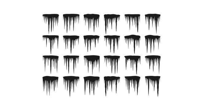 Collection of diverse black silhouette icicles with varied lengths and textures dripping water effects isolated on a clean white background representing winter and cold weather