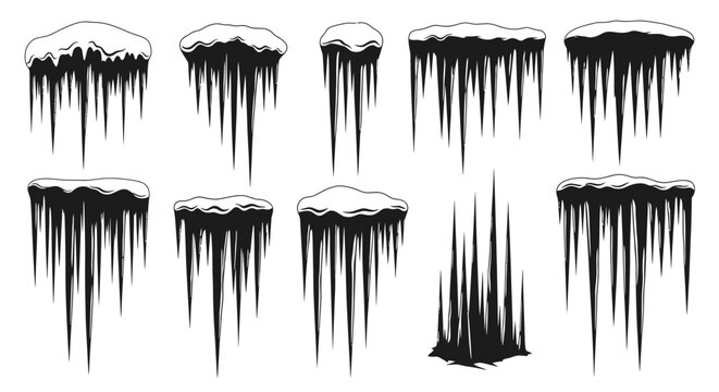 Collection of diverse icicles with snow caps isolated on a clean white background showcasing sharp and pointed ice formations in various sizes and shapes representing winter cold