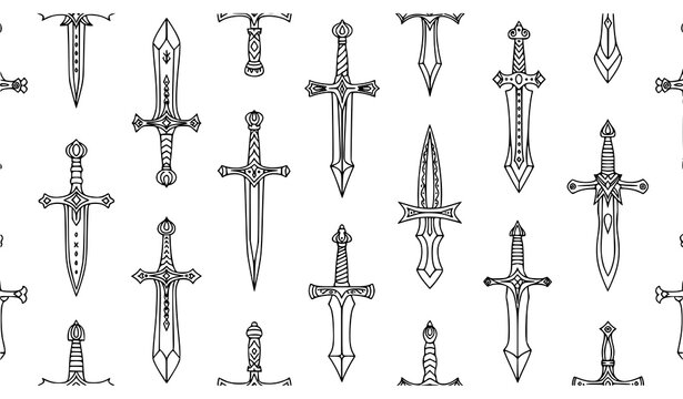 Diagonal seamless sword pattern vector illustration with decorative medieval blades in doodle outline style