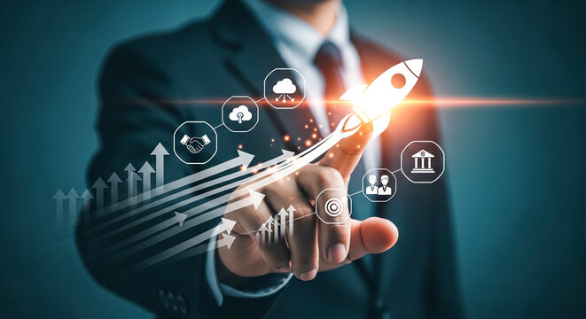 Businessman's hand ignites a digital rocket symbolizing startup launch and rapid business growth, illustrating success, innovation, and strategic vision for future expansion, driving progress and achi