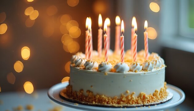 Round white cake with lit candles and frosting swirls on a stand. Crumble topping borders the base. Soft glowing bokeh lights create a festive atmosphere.
