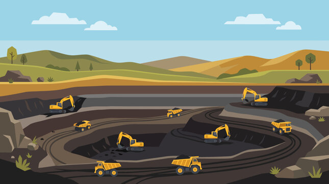 Open Pit Coal Mine with Excavators and Dump Trucks Vector Illustration