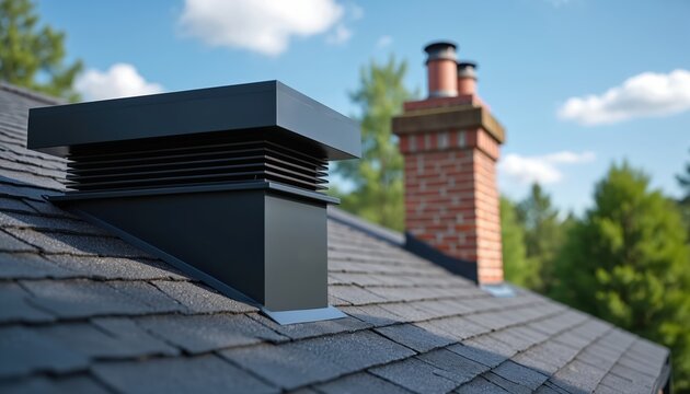 Modern black attic vent sits on asphalt shingle roof near red brick chimney. House exterior detail shows part of home structure. Residential building top view.