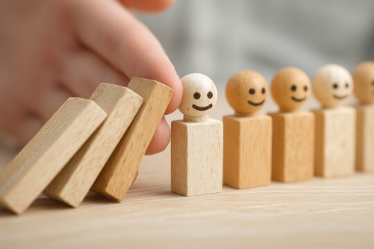 a clear, eye level shot capturing a hand stopping dominoes from hitting smiling wooden figures on a light wooden surface with a soft background blur Generative AI