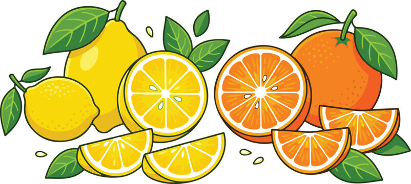 Assortment of fresh lemons and oranges with leaves