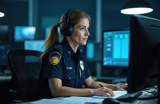 Woman police officer in uniform uses computer and headset. She works in control room with monitors. Focuses on screen while taking notes for her job.