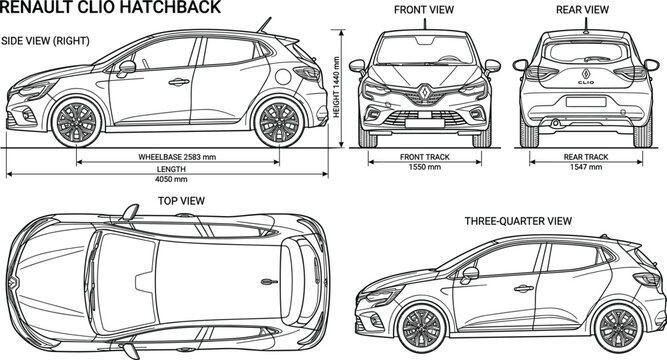 Compact hatchback car blueprint illustration, detailed vehicle views with dimensions including side front rear and top for automotive design reference