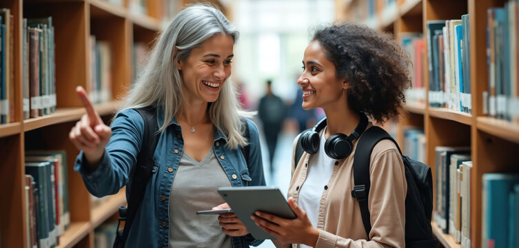 Two women at library shelves one points to book. They smile holding tablet and phone. Student and librarian look for info together. College learning with tech.