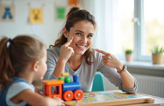 Woman teacher shows child how to make mouth movements for speech. They use toys for learning letters and sounds in therapy session. Child focuses on lesson with therapist.