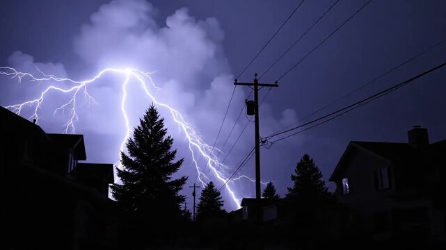 Lightning strikes in a residential area.