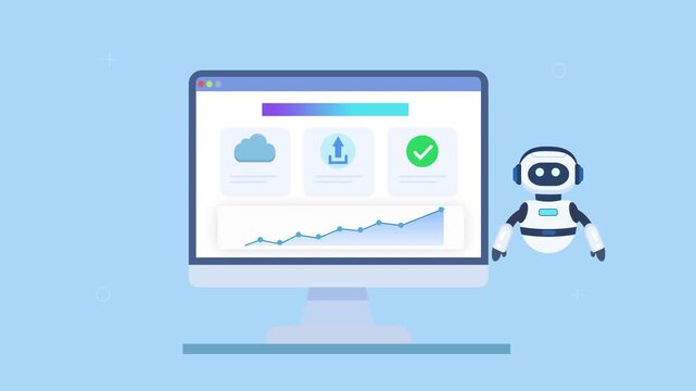 Friendly robot assistant interacting with automated dashboard featuring cloud sync, data synchronization, analytics charts, and progress indicators in smooth animation, representing connected storage 