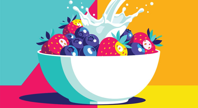 Fresh berry bowl with milk splash featuring strawberries and blueberries on vibrant colors
