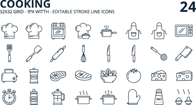 Cooking line icon set featuring chef hats, kitchen appliances, utensils, food preparation tools, and ingredients for culinary design projects.