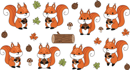 Fototapeta premium Cute Squirrel Characters with Acorns and Autumn Leaves for Kids' Websites, Apps, and Digital Media