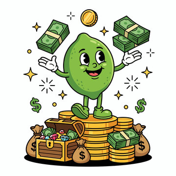 This vibrant illustration features a happy lemon character juggling money and coins, symbolizing wealth, prosperity, and cheerfulness in a playful way.
