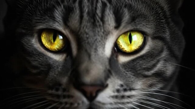Close-up of a cat's face with striking yellow eyes.