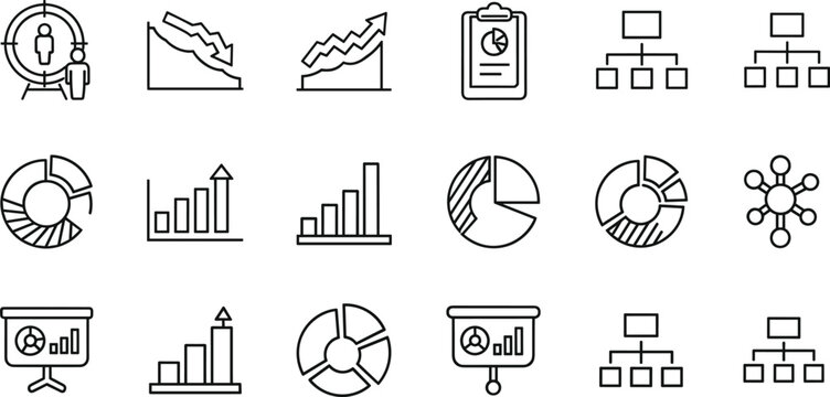 "Set of Business and Analytics Icons Featuring Data Charts, Graphs, and Organizational Structures for Marketing, Strategy, and Business Design Projects"
