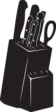 Black kitchen knife block with knives and scissors