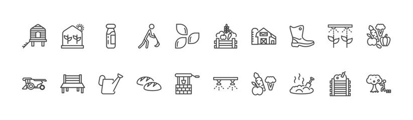 agriculture and farm icon set with greenhouse, farm products, manure signs in flat outline style © Abstract