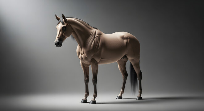 Powerful muscular buckskin horse standing in studio, 3d render of a stallion with defined anatomy on dark background