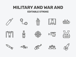 military and war and icon set with militar radio, torture, warship signs in flat outline style © Abstract