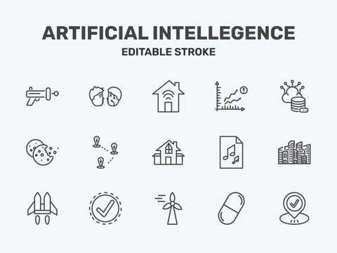 artificial intellegence icon set with smart house, prediction, storage signs in flat outline style