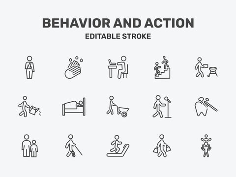 behavior and action icon set with man typing, helping a man to climb, man with signs in flat outline style