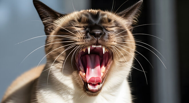 Closeup of a  cat yawning, with its mouth wide open, showing sharp teeth and pink tongue eyes are closed in concentration