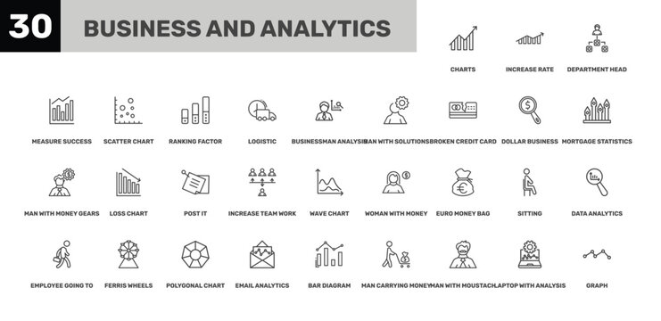 business and analytics icon set with department head, ranking factor, bar diagram signs in flat outline style