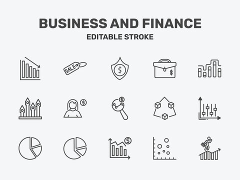 business and finance icon set with dollar money protection, briefcase, graphic progression signs in flat outline style