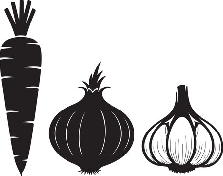 Black silhouette carrot onion garlic vegetable root vegetable