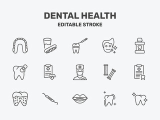 dental health icon set with tooth filling, healthy boy, mouth wash signs in flat outline style © Abstract