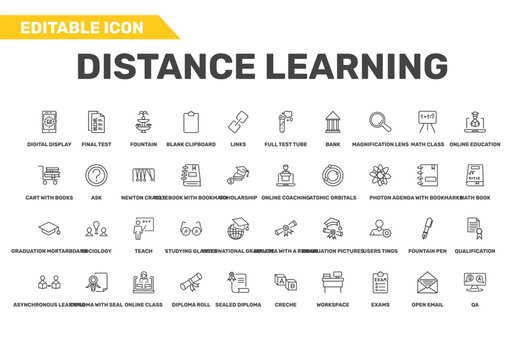 distance learning icon set with full test tube, cart with books, asynchronous learning signs in flat outline style