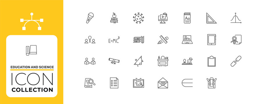 education and science icon set with educational video, relativity formulae, teacher desk signs in flat outline style