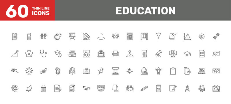 education icon set with cellphone, business education, rolled diploma signs in flat outline style