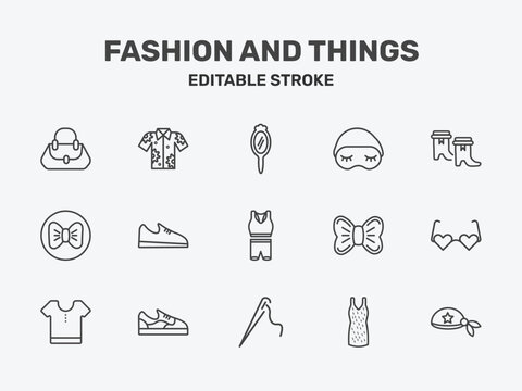 fashion and things icon set with mirrors, sleeping mask, boot for women signs in flat outline style