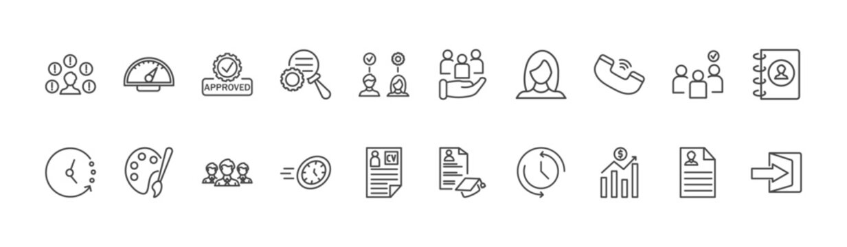 human resources icon set with balanced scorecard, human resources, earnings signs in flat outline style