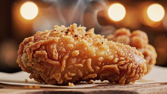 Crispy golden fried chicken drumstick steaming with mouthwatering aroma