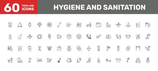 Fototapeta premium hygiene and sanitation icon set with extractor, pathogen, nail scissors signs in flat outline style