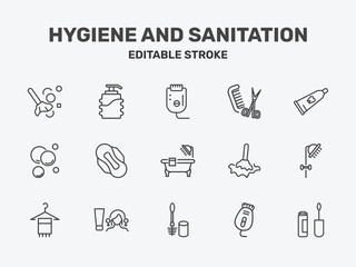 Fototapeta premium hygiene and sanitation icon set with epliator, grooming, tooth paste signs in flat outline style