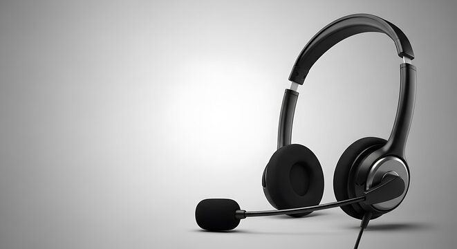 Black headset with microphone for communication and support, isolated on grey background studio shot.