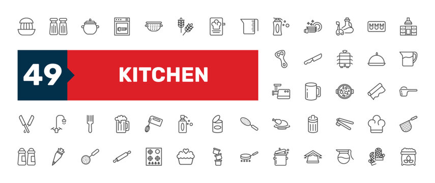 kitchen icon set with nder, mug, rolling pin signs in flat outline style