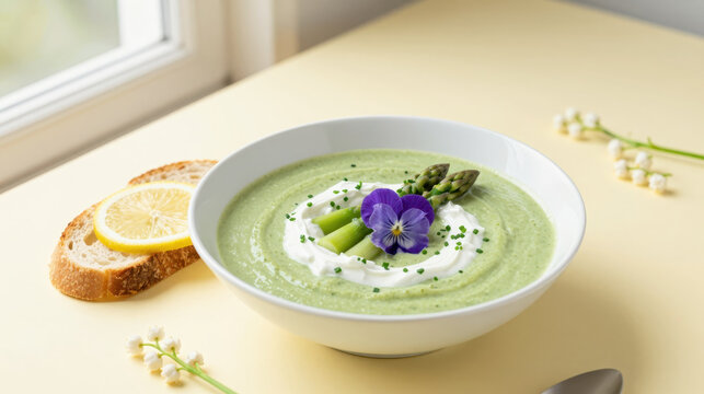 Green asparagus cream soup with herb yogurt swirl, chive garnish and edible flower, served with crusty bread and lemon slice on bright table for fresh spring meal